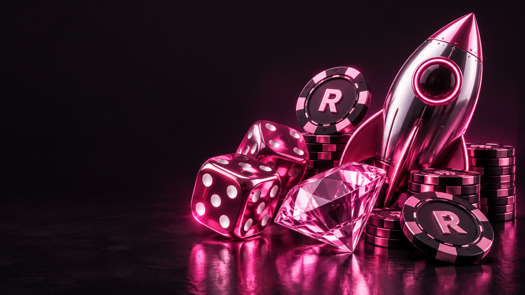 Pink REKT chips, dice, a crystal and a rocket